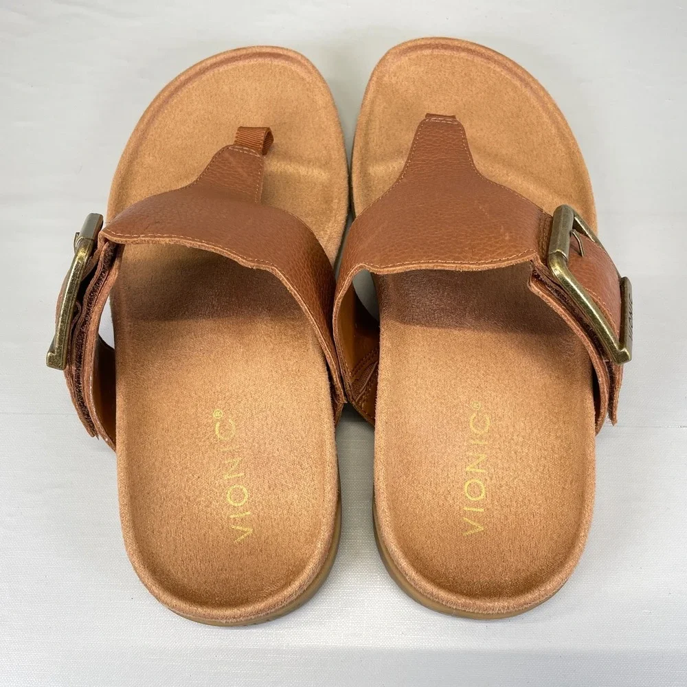Vionic Emma Sandals Womens Size 6 Wide Tan Brown Pebbled Leather Flip Flop Shoes